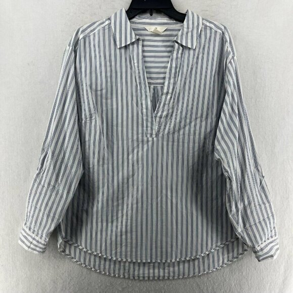 H & M L.O.G.G. Shirt Women's Sz S Gray White Striped Popover V Neck Long Sleeves - Picture 1 of 11